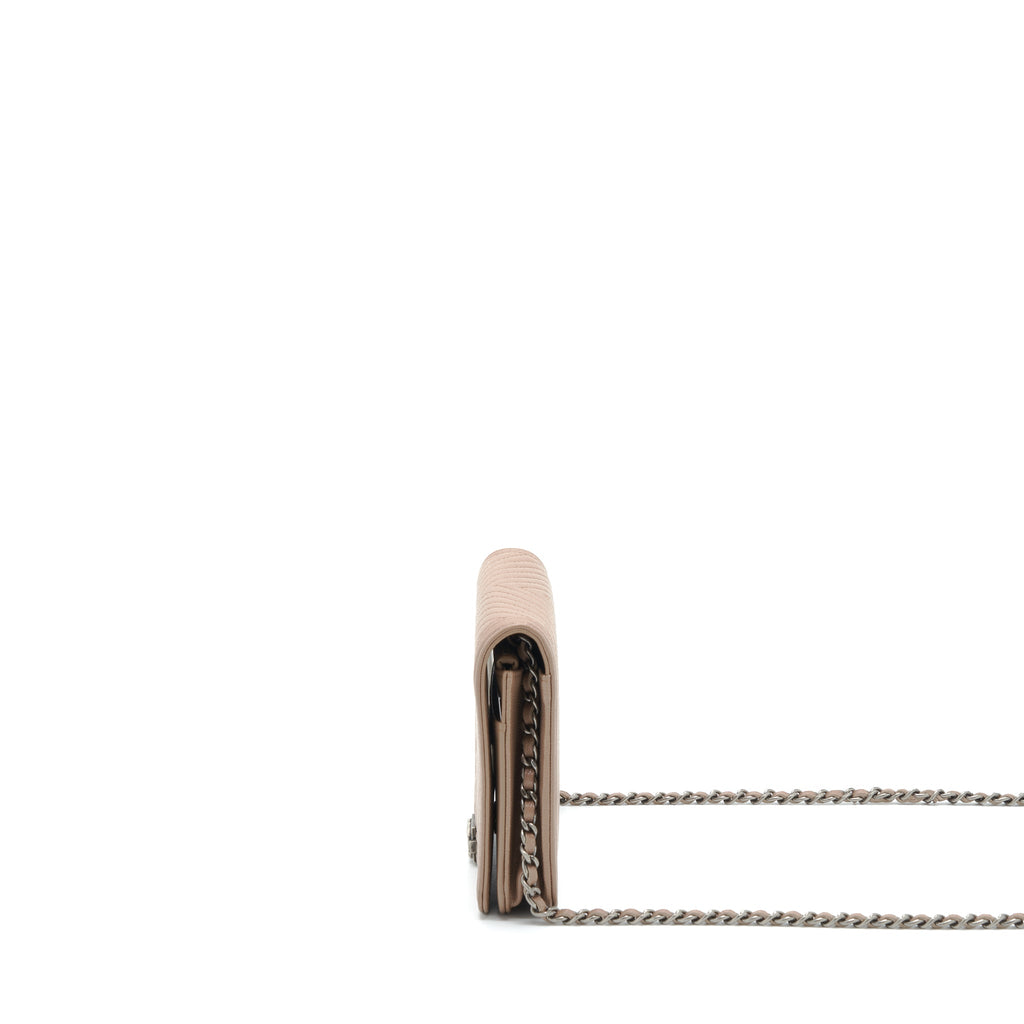 CHANEL CHEVRON BOY WALLET ON CHAIN CAVIAR DARK BEIGE RUTHENIUM HARDWARE