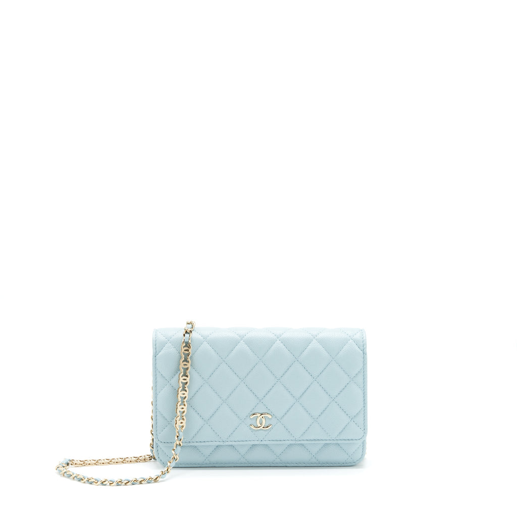 CHANEL 22P WALLET ON CHAIN WITH CC LOGO CHAIN CAVIAR LIGHT BLUE LGHW