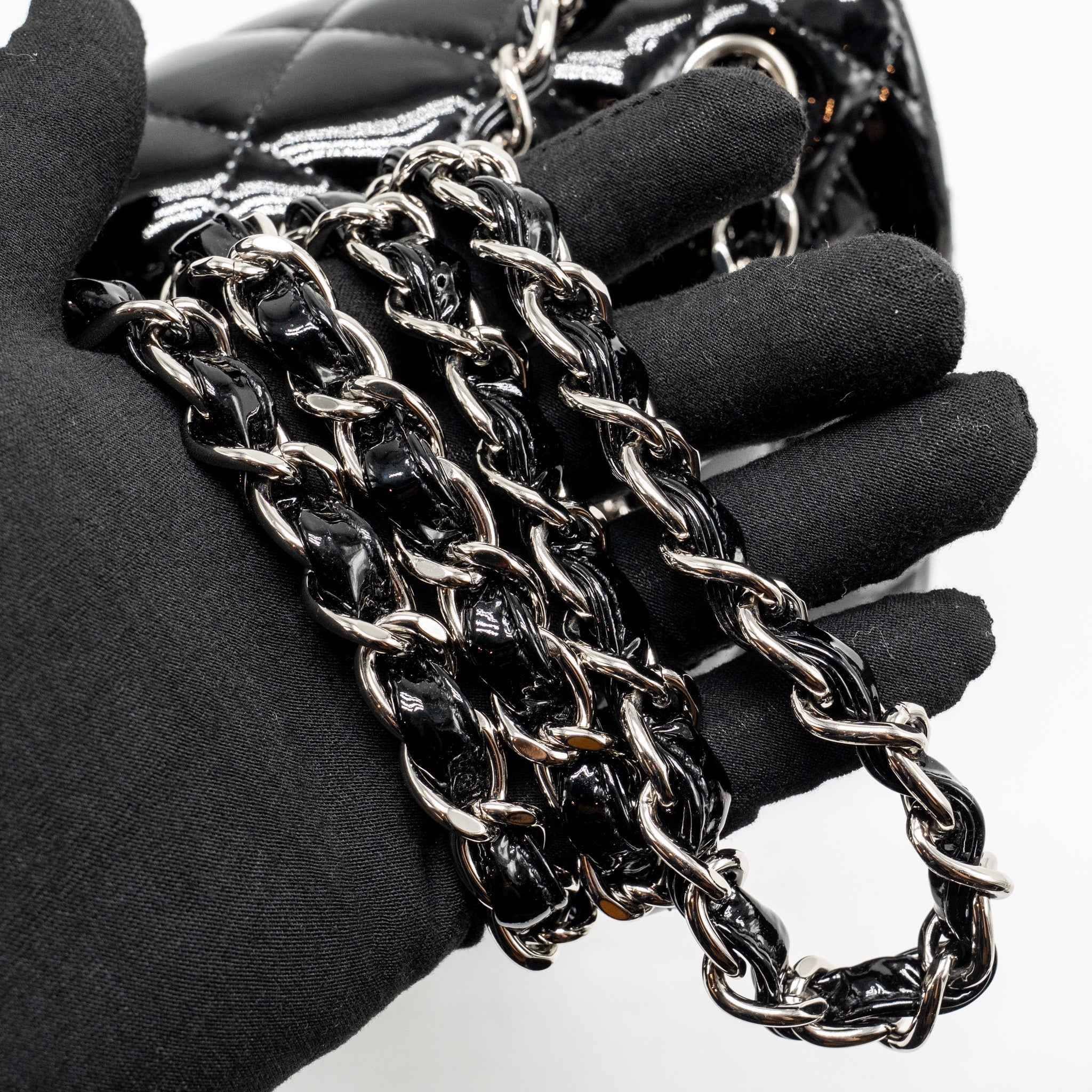 CHANEL JUMBO CLASSIC DOUBLE FLAP BAG PATENT BLACK SHW