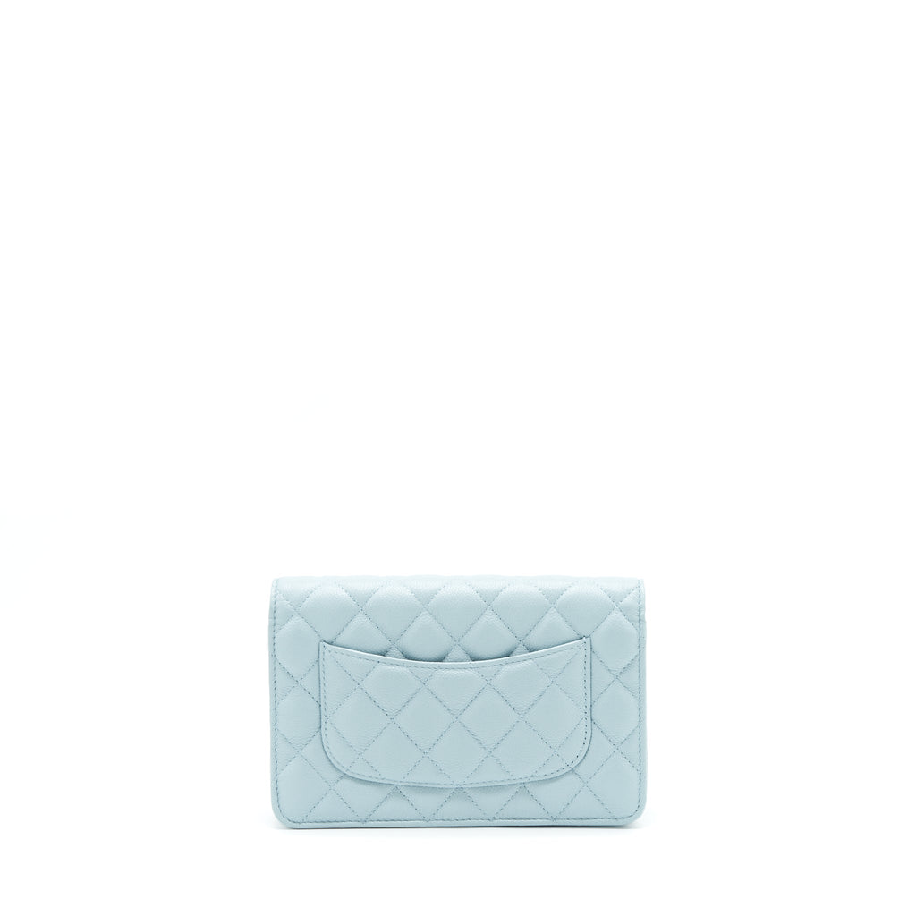 CHANEL 22P WALLET ON CHAIN WITH CC LOGO CHAIN CAVIAR LIGHT BLUE LGHW