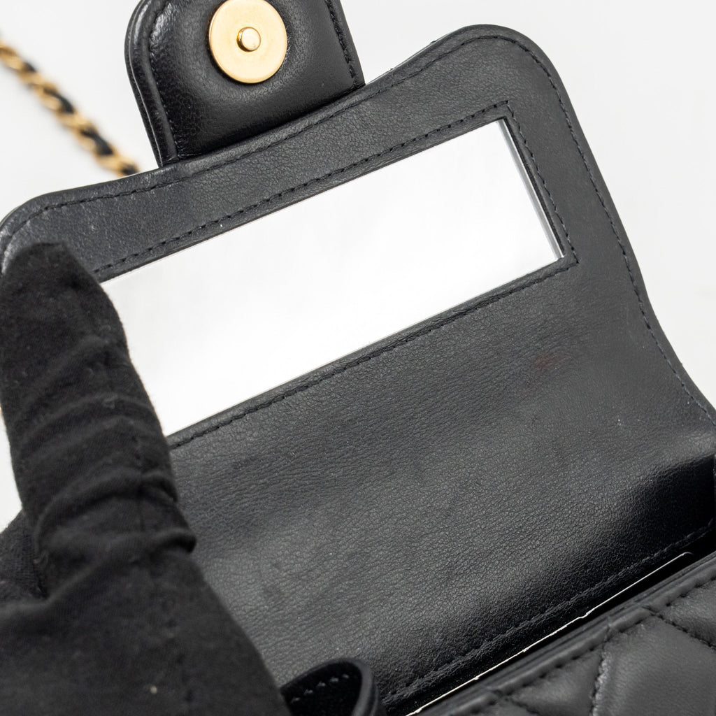 CHANEL TOP HANDLE MINI FLAP CLUTCH WITH CHAIN BLACK LAMBSKIN GHW (MICROCHIP)