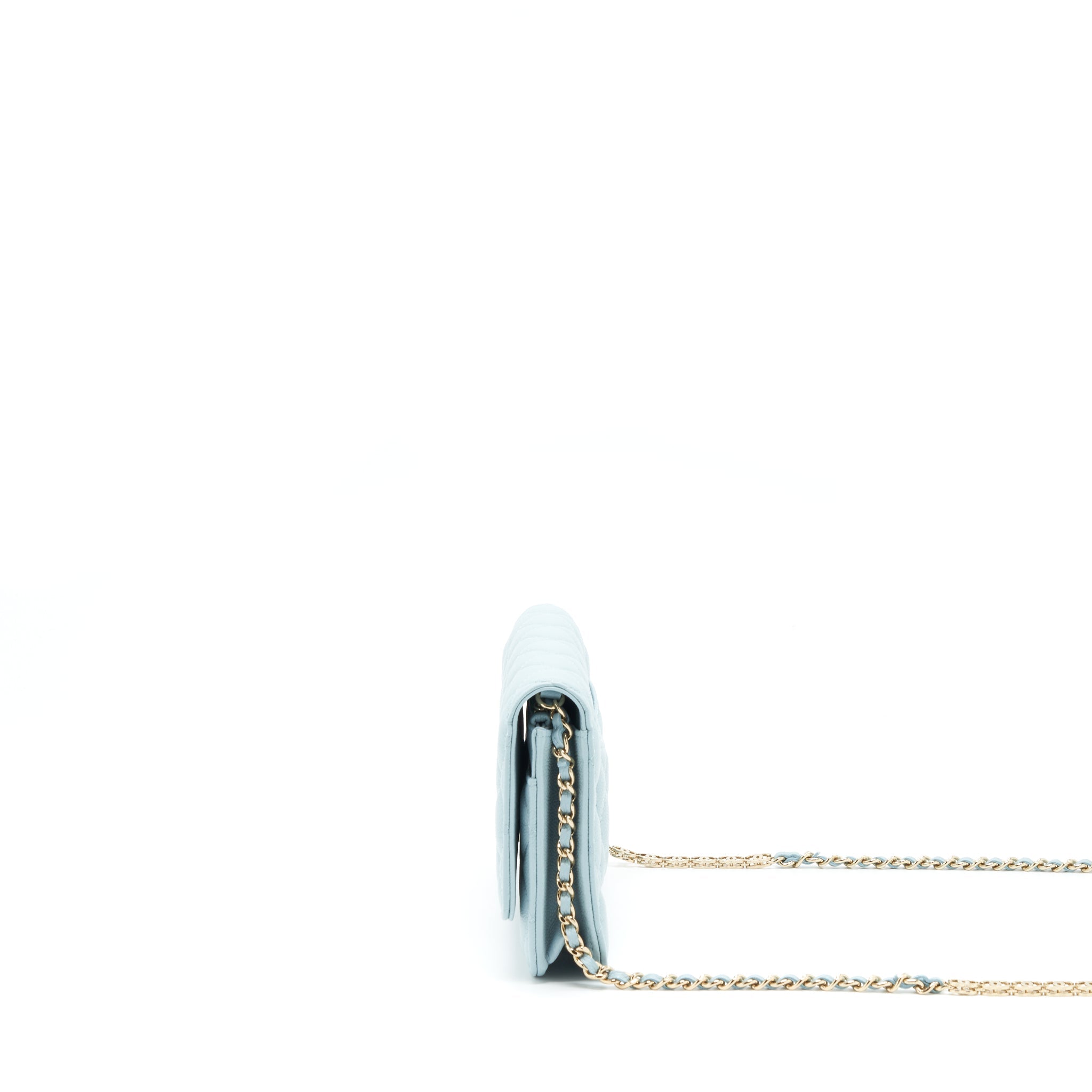 CHANEL 22P WALLET ON CHAIN WITH CC LOGO CHAIN CAVIAR LIGHT BLUE LGHW