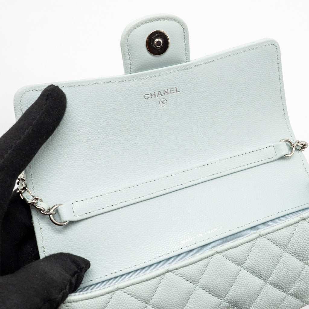 CHANEL SUNGLASSES CASE CLUTCH WITH CHAIN CAVIAR LIGHT BLUE SHW