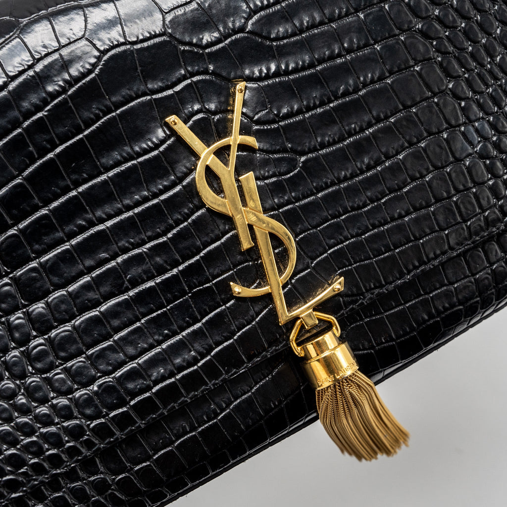 SAINT LAURENT KATE BAG TASSEL CROC-EMBOSSED BLACK GHW
