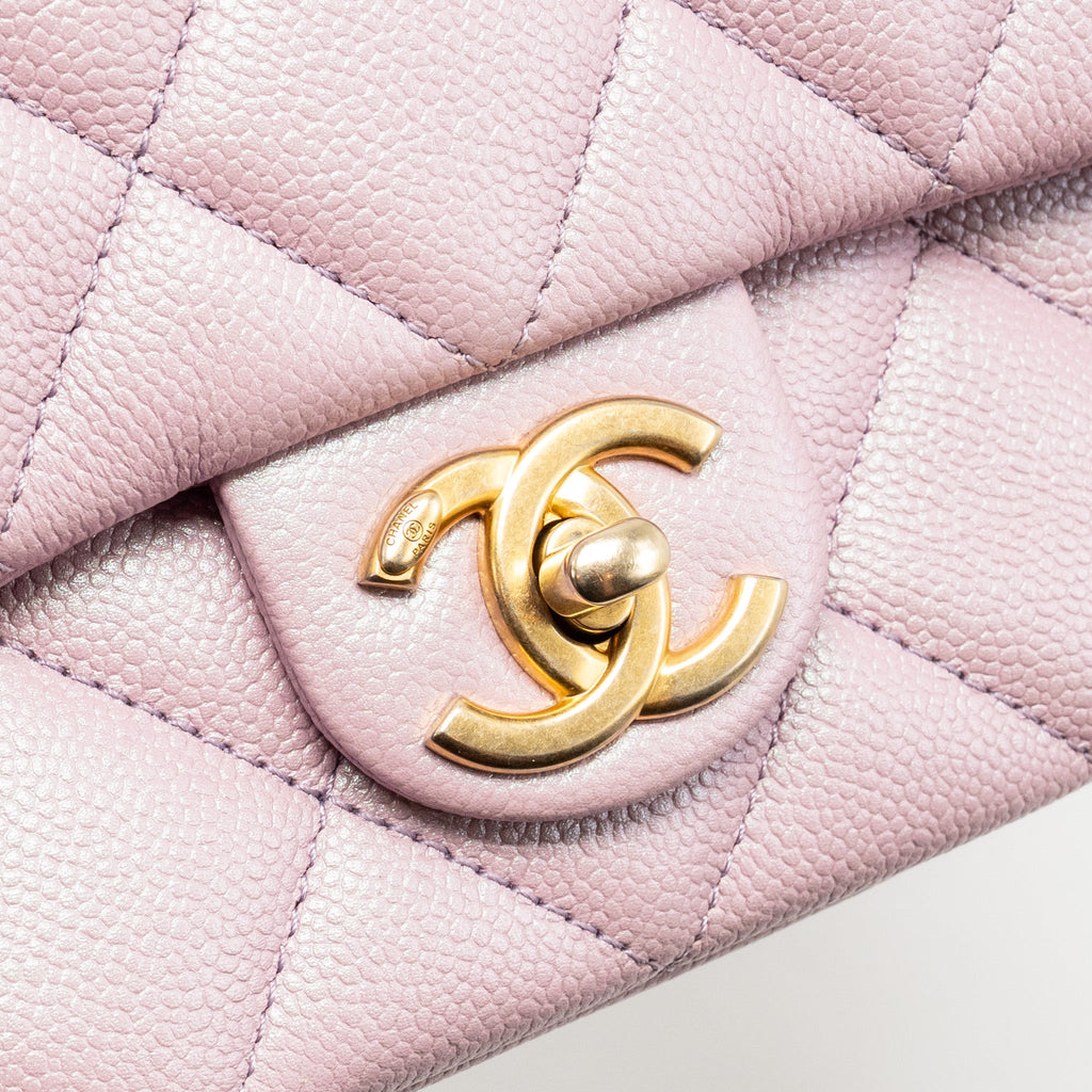 CHANEL 21K MY PERFECT MINI FLAP BAG CAVIAR IRIDESCENT PINK GHW (MICROCHIP)