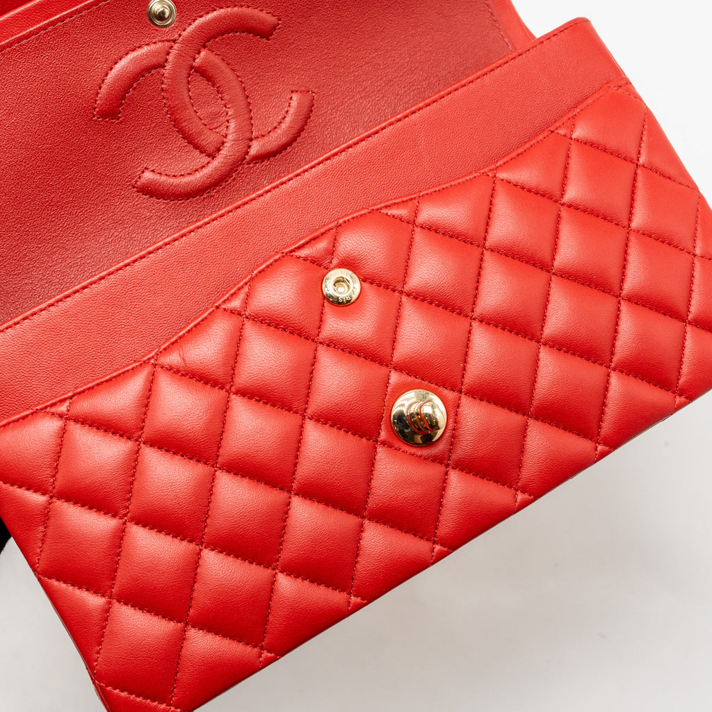 CHANEL MEDIUM CLASSIC DOUBLE FLAP BAG LAMBSKIN RED LGHW