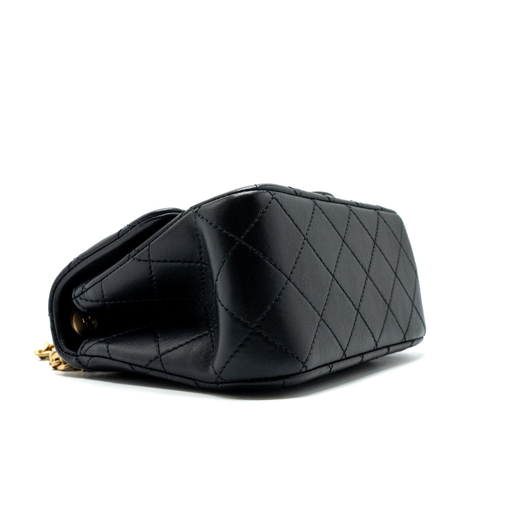 CHANEL CAMELLIA ADJUSTABLE CHAIN MINI SQUARE FLAP BAG LAMBSKIN BLACK GHW (MICROCHIP)
