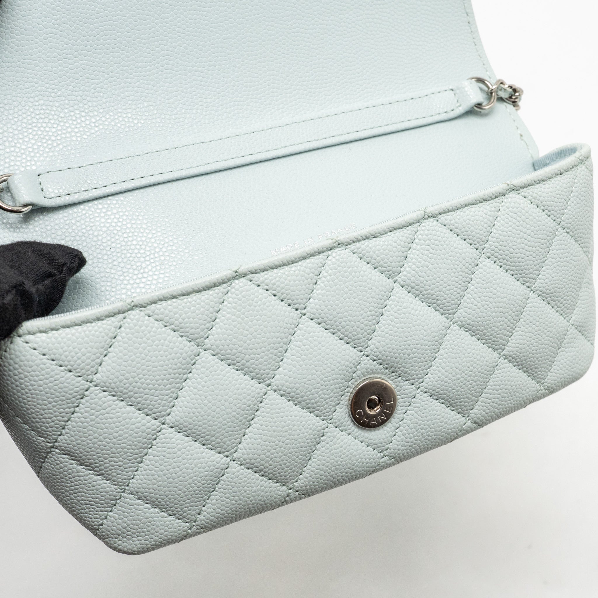 CHANEL SUNGLASSES CASE CLUTCH WITH CHAIN CAVIAR LIGHT BLUE SHW