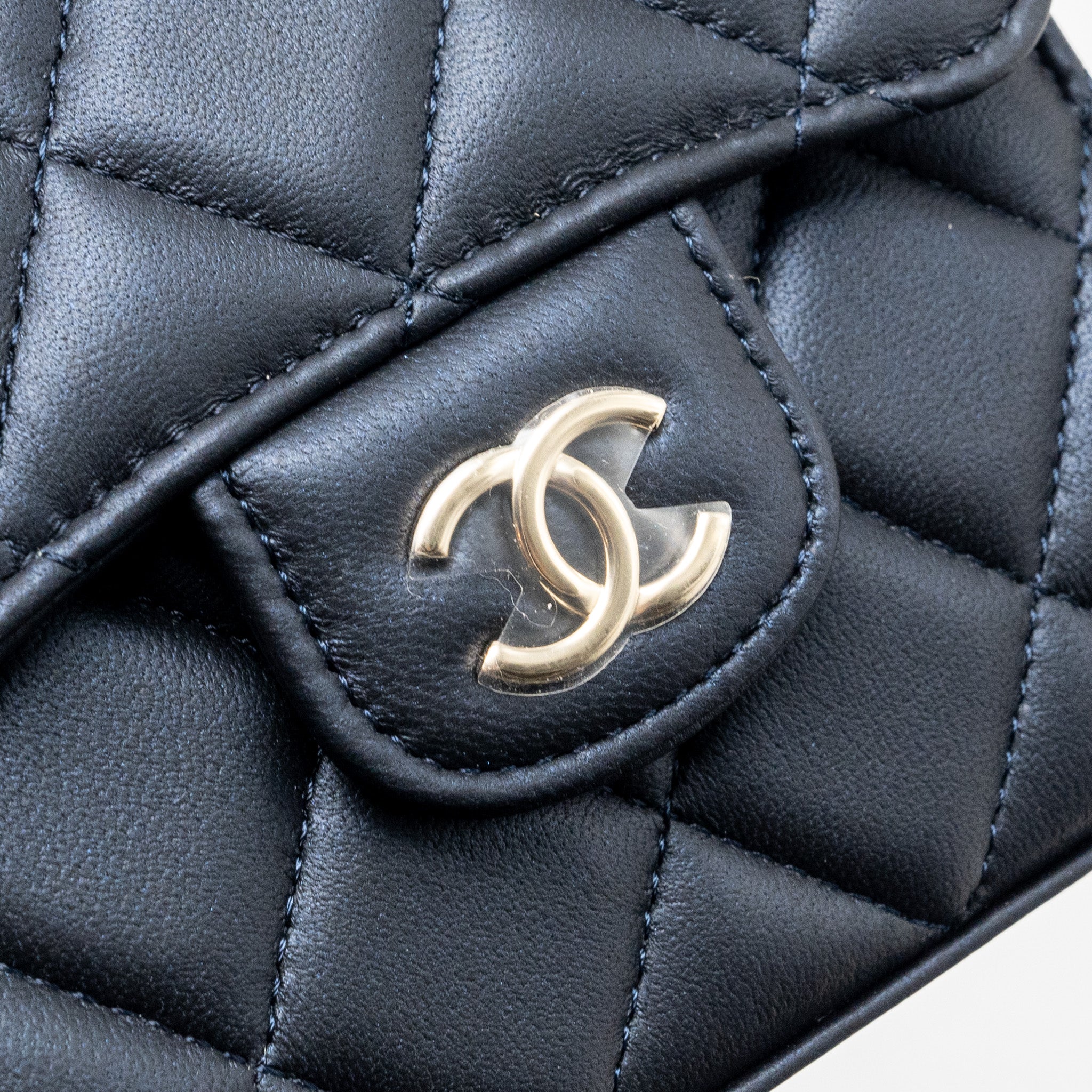 CHANEL TOP HANDLE MINI FLAP BAG LAMBSKIN METALLIC BLUE LGHW (MICROCHIP)