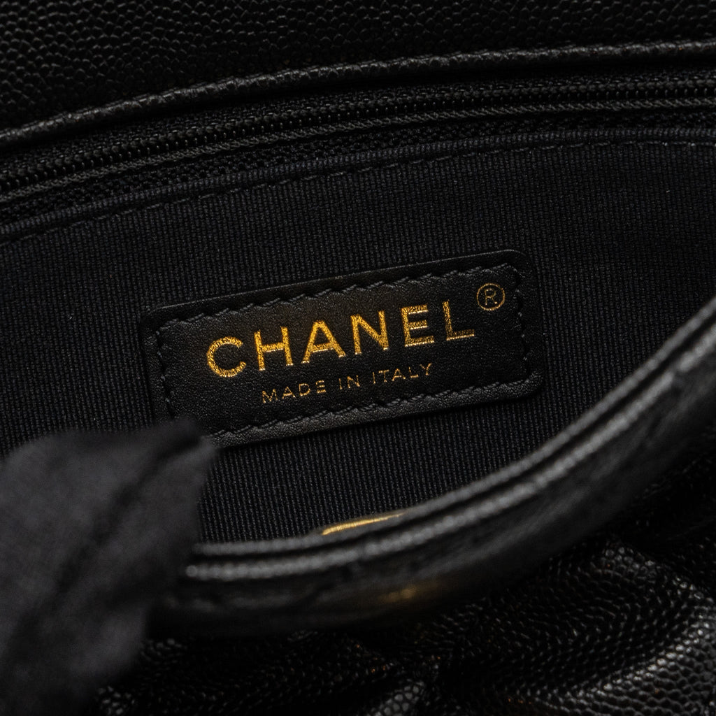 CHANEL QUILTED FLAP BAG WITH DOUBLE AND CC LOGO CHAIN CAVIAR BLACK GHW (MICROCHIP)