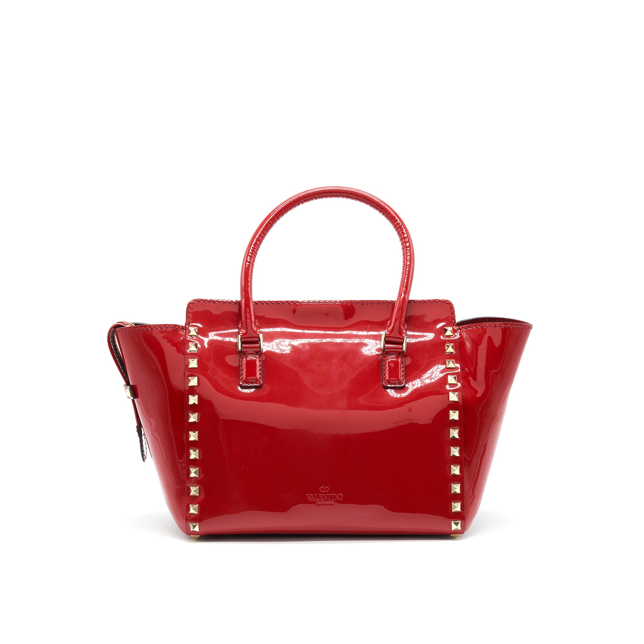 VALENTINO ROCKSTUD SMALL PAGOTA TOTE IN PATENT RED