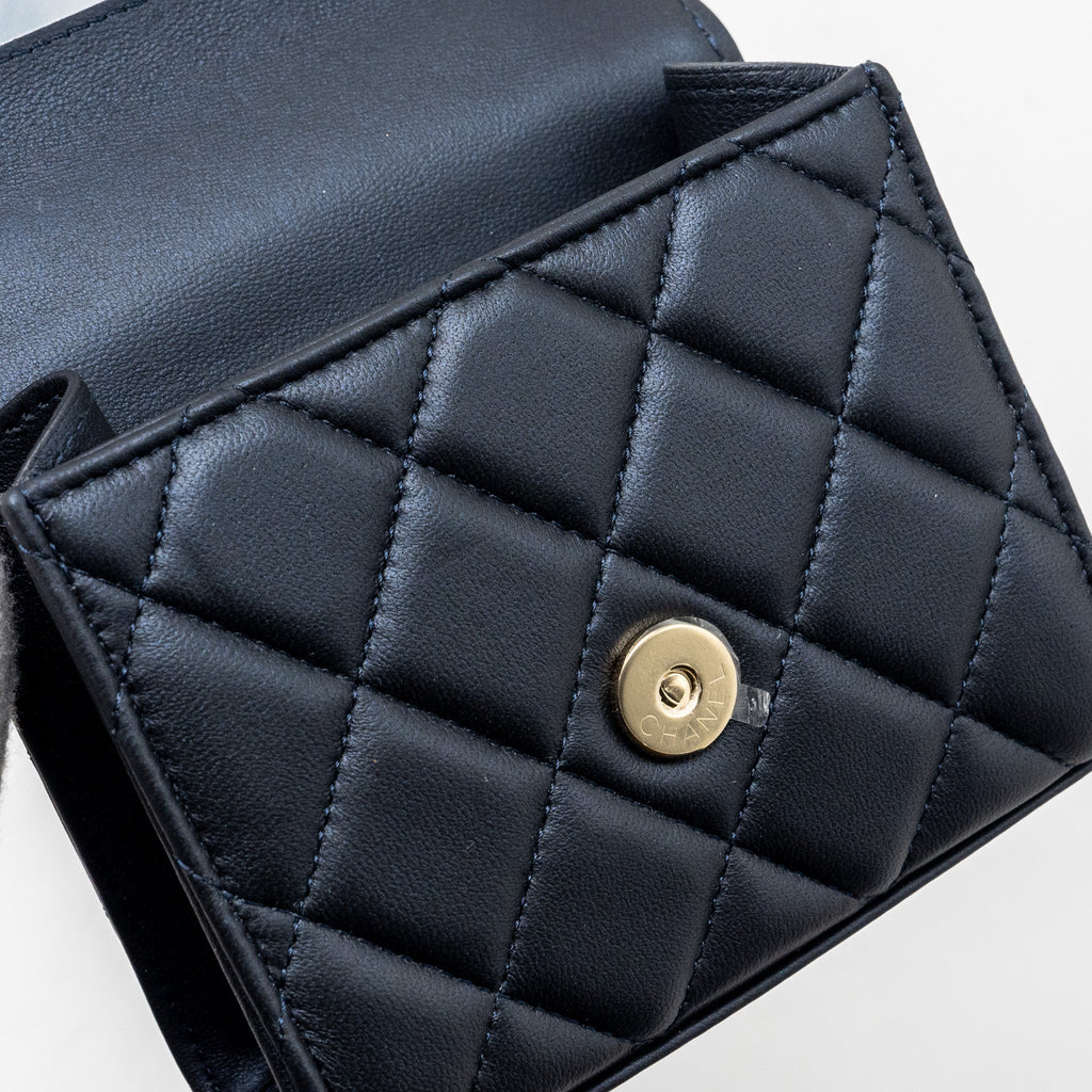 CHANEL TOP HANDLE MINI FLAP BAG LAMBSKIN METALLIC BLUE LGHW (MICROCHIP)