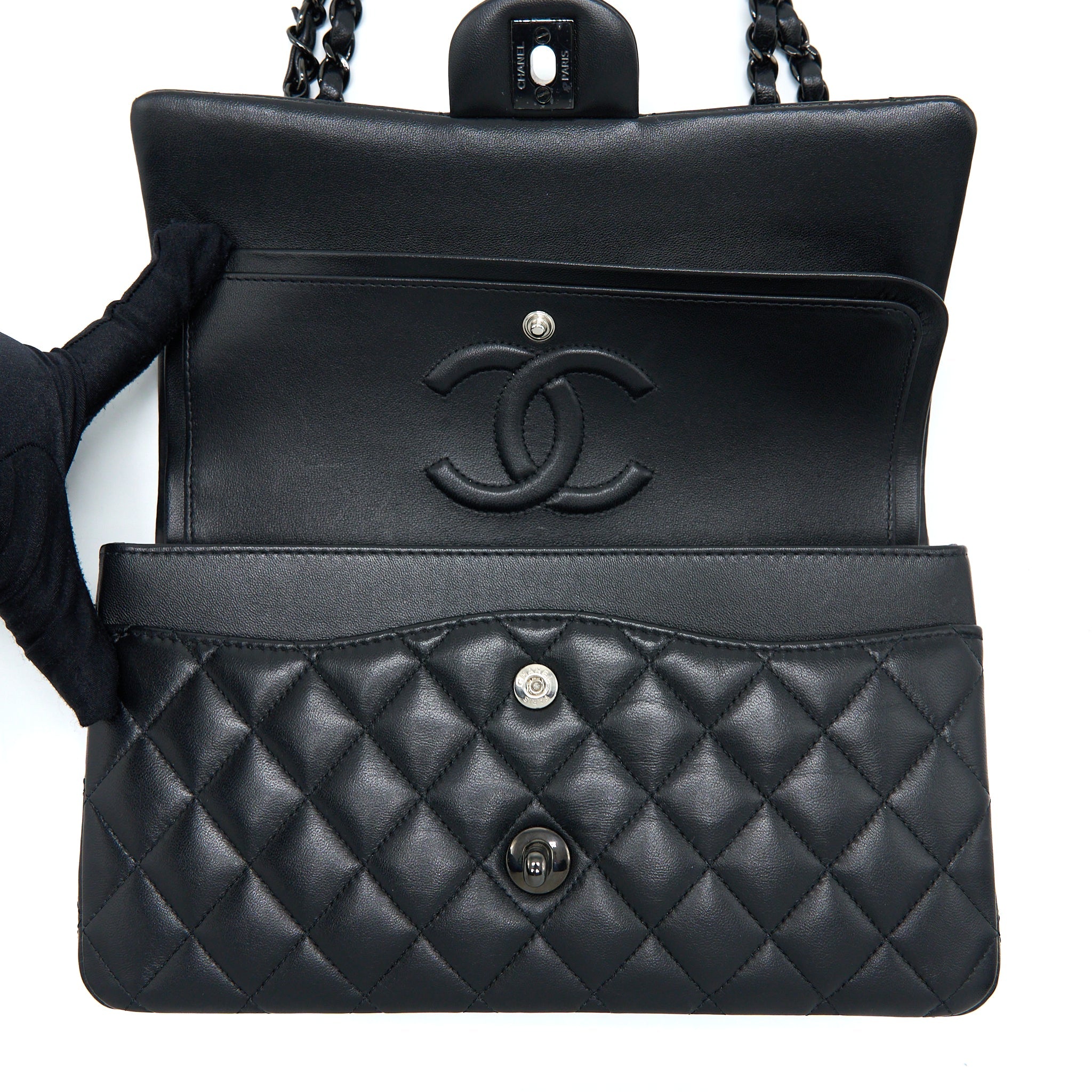 CHANEL MEDIUM CLASSIC DOUBLE FLAP BAG LAMBSKIN SO BLACK WITH BLACK HARDWARE (MICROCHIP)
