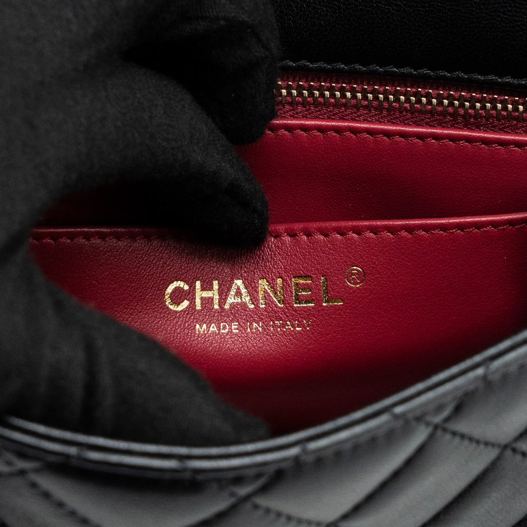 CHANEL CAMELLIA ADJUSTABLE CHAIN MINI SQUARE FLAP BAG LAMBSKIN BLACK GHW (MICROCHIP)
