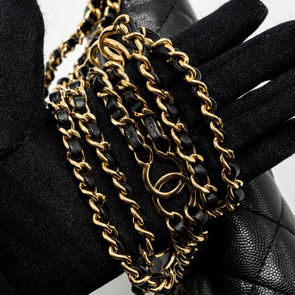 CHANEL QUILTED FLAP BAG WITH DOUBLE AND CC LOGO CHAIN CAVIAR BLACK GHW (MICROCHIP)