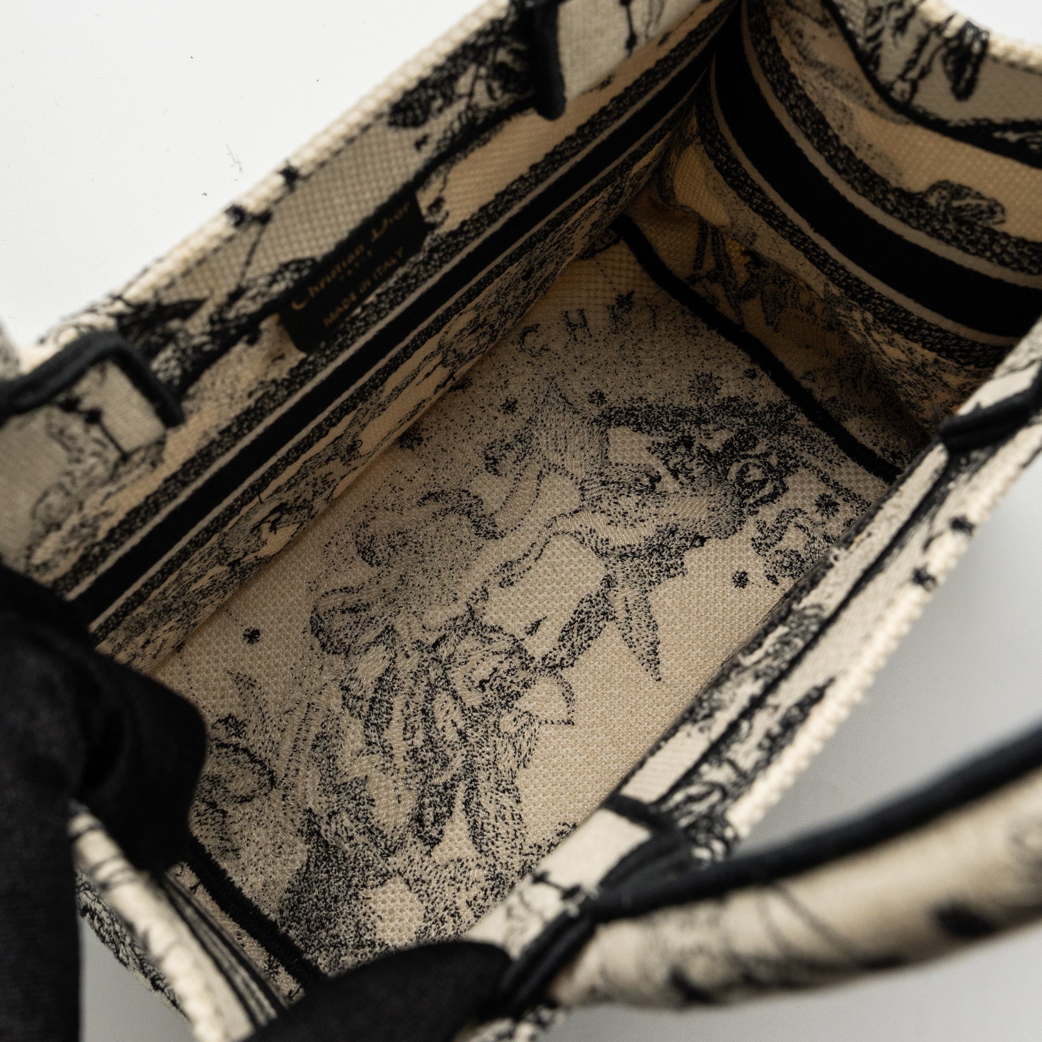 DIOR SMALL BOOK TOTE LATTE/BLACK TOILE DE JOUY ZODIAC EMBROIDERY