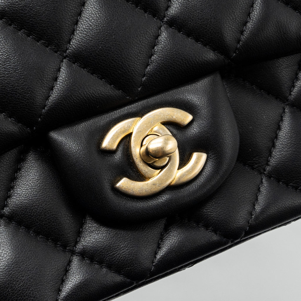 CHANEL CLASSIC MINI SQUARE FLAP BAG LAMBSKIN BLACK BRUSHED GHW