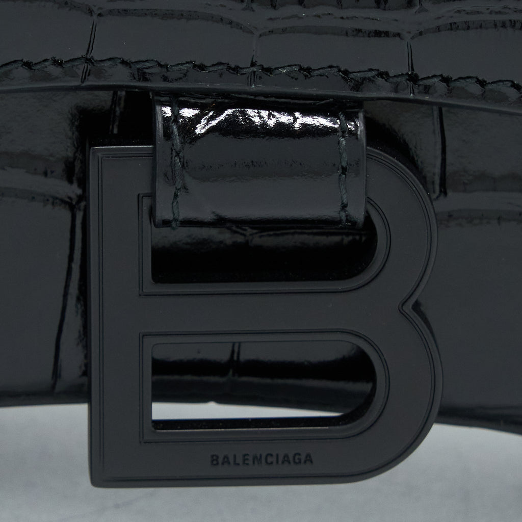 BALENCIAGA HOURGLASS XS CROC-EMBOSSED CALFSKIN SO BLACK