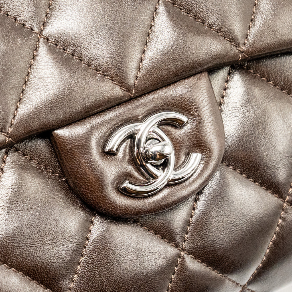 CHANEL LARGE QUILTED FLAP BAG WITH CHAIN LAMBSKIN DARK BROWN SHW