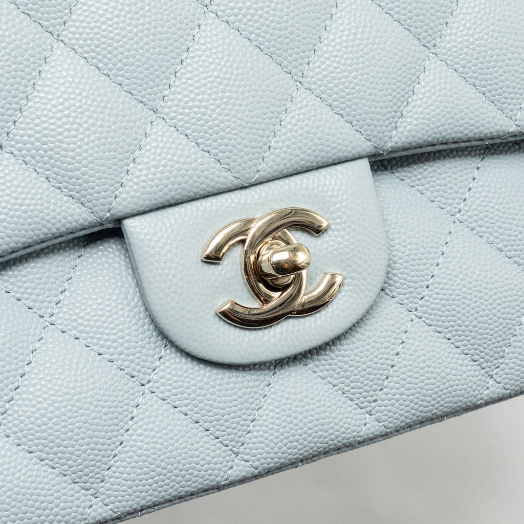 CHANEL MEDIUM CLASSIC DOUBLE FLAP BAG CAVIAR LIGHT BLUE LGHW (MICROCHIP)