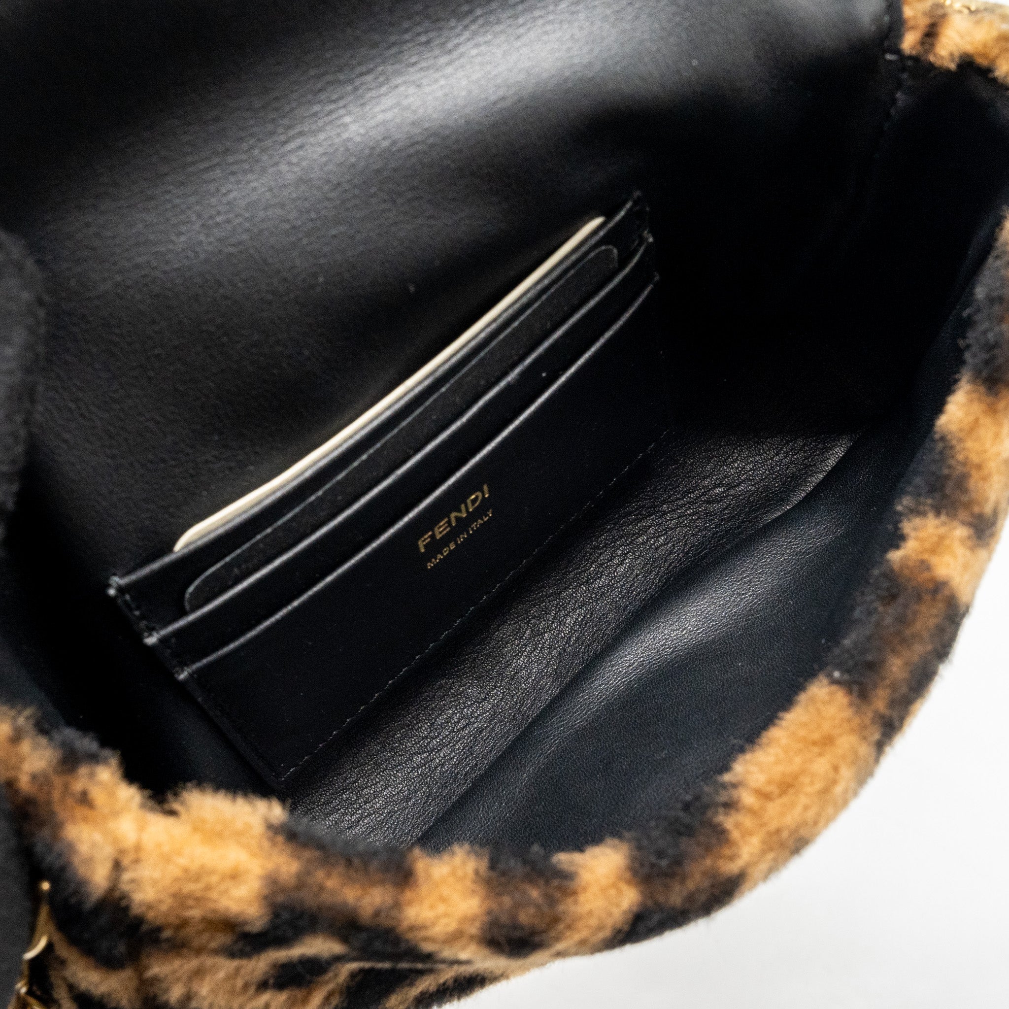 FENDI MINI BAGUETTE BAG LAMB FUR BLACK/BROWN GHW