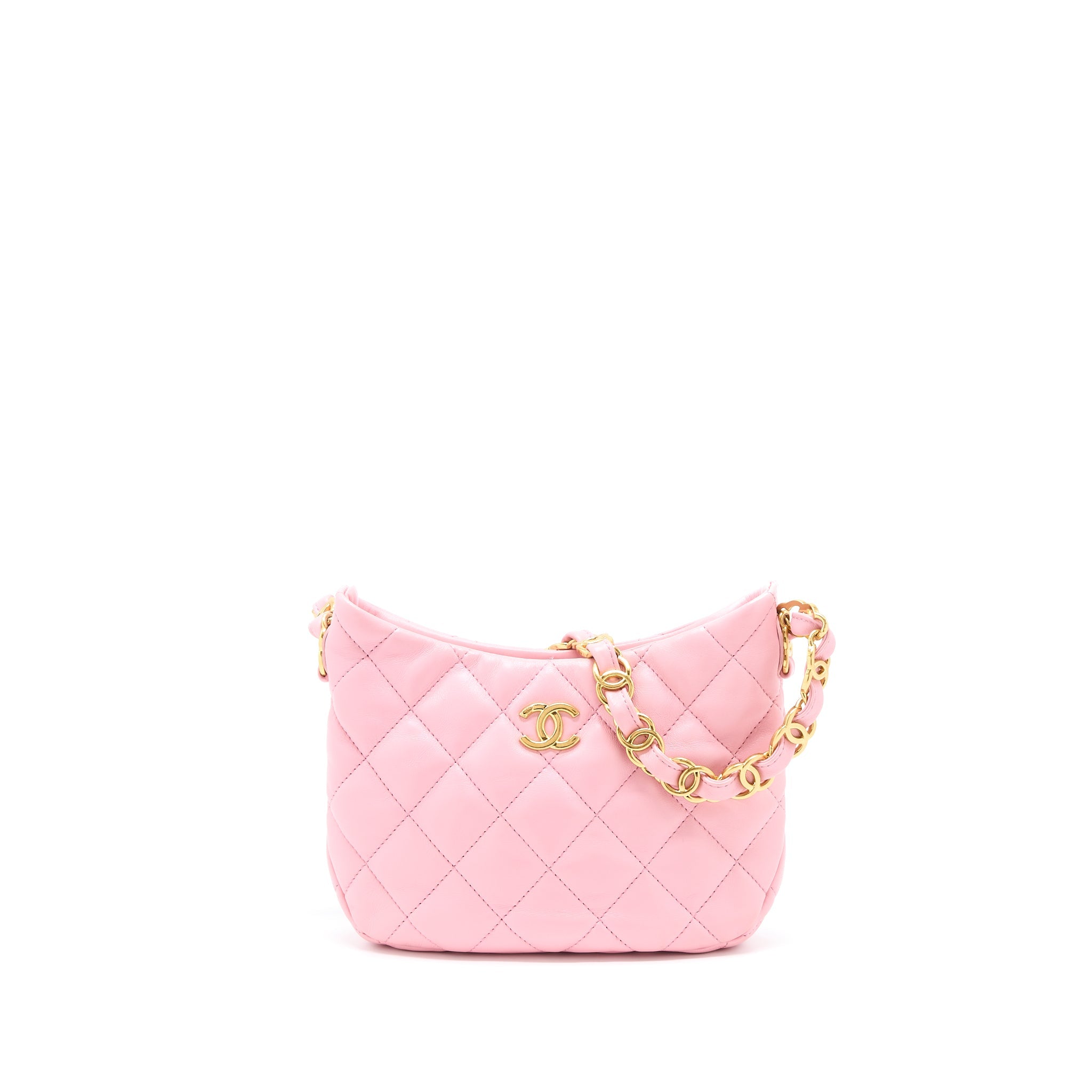 CHANEL 22K HOBO BAG LOGO CHAIN LAMBSKIN PINK GHW (MICROCHIP)