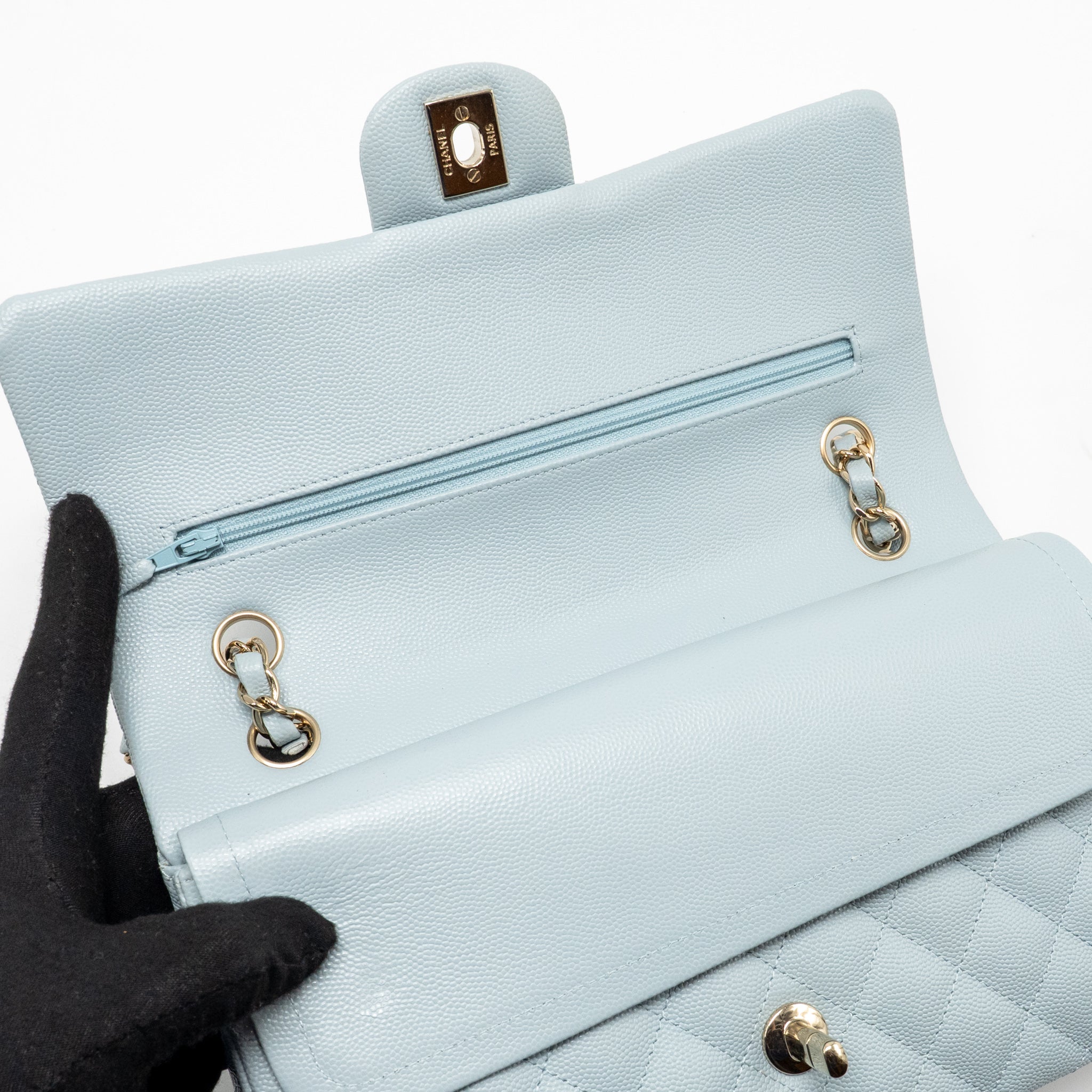 CHANEL MEDIUM CLASSIC DOUBLE FLAP BAG CAVIAR LIGHT BLUE LGHW (MICROCHIP)