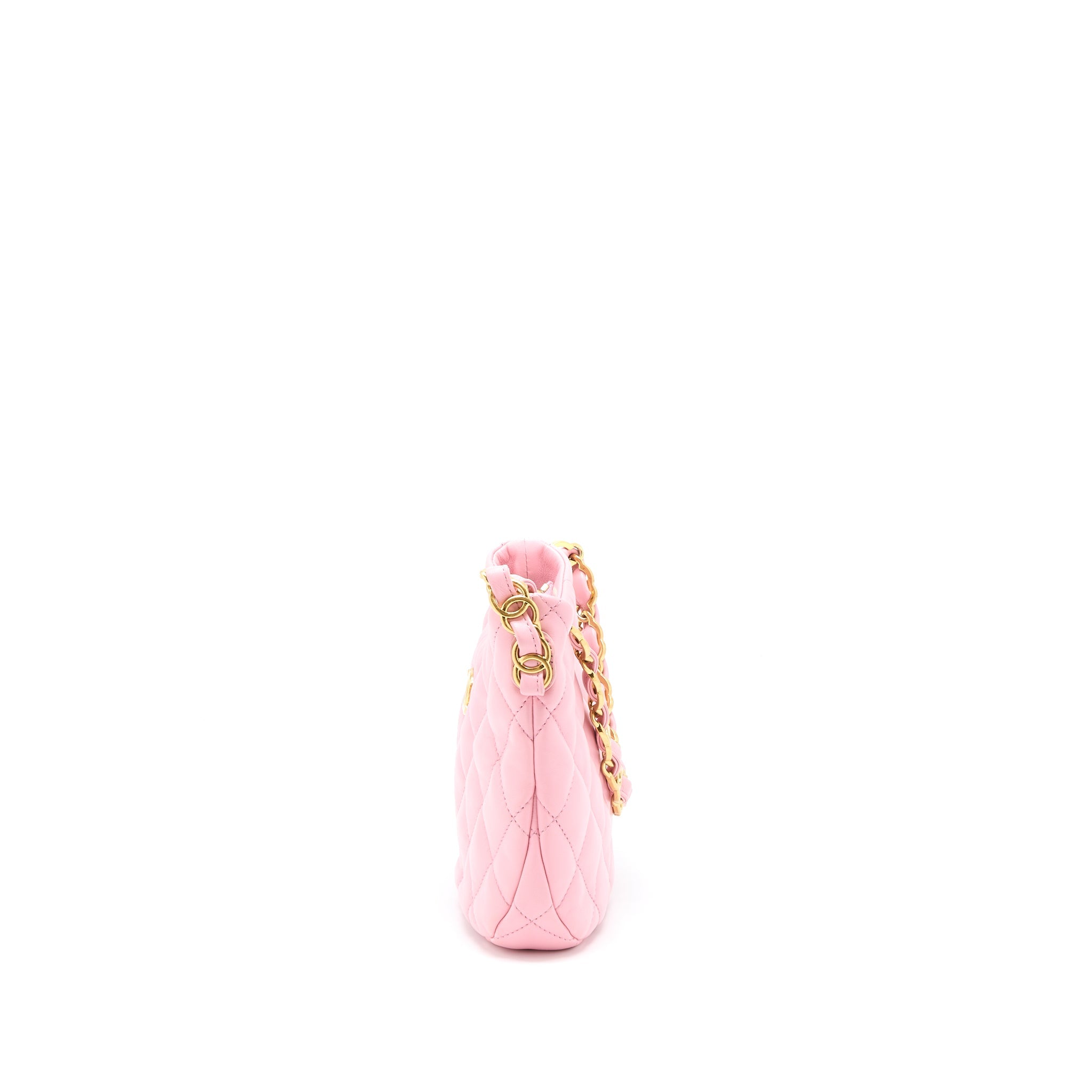 CHANEL 22K HOBO BAG LOGO CHAIN LAMBSKIN PINK GHW (MICROCHIP)