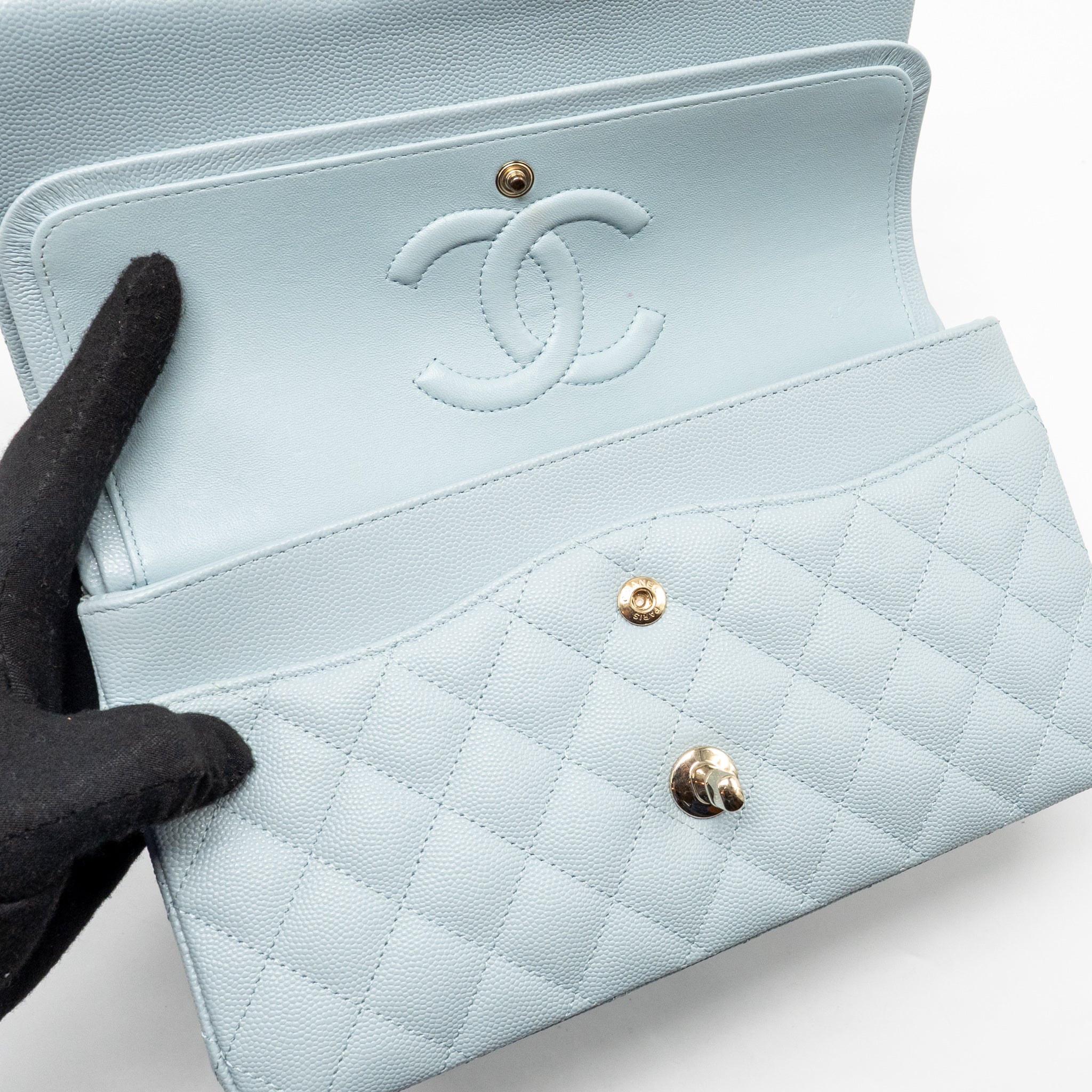 CHANEL MEDIUM CLASSIC DOUBLE FLAP BAG CAVIAR LIGHT BLUE LGHW (MICROCHIP)