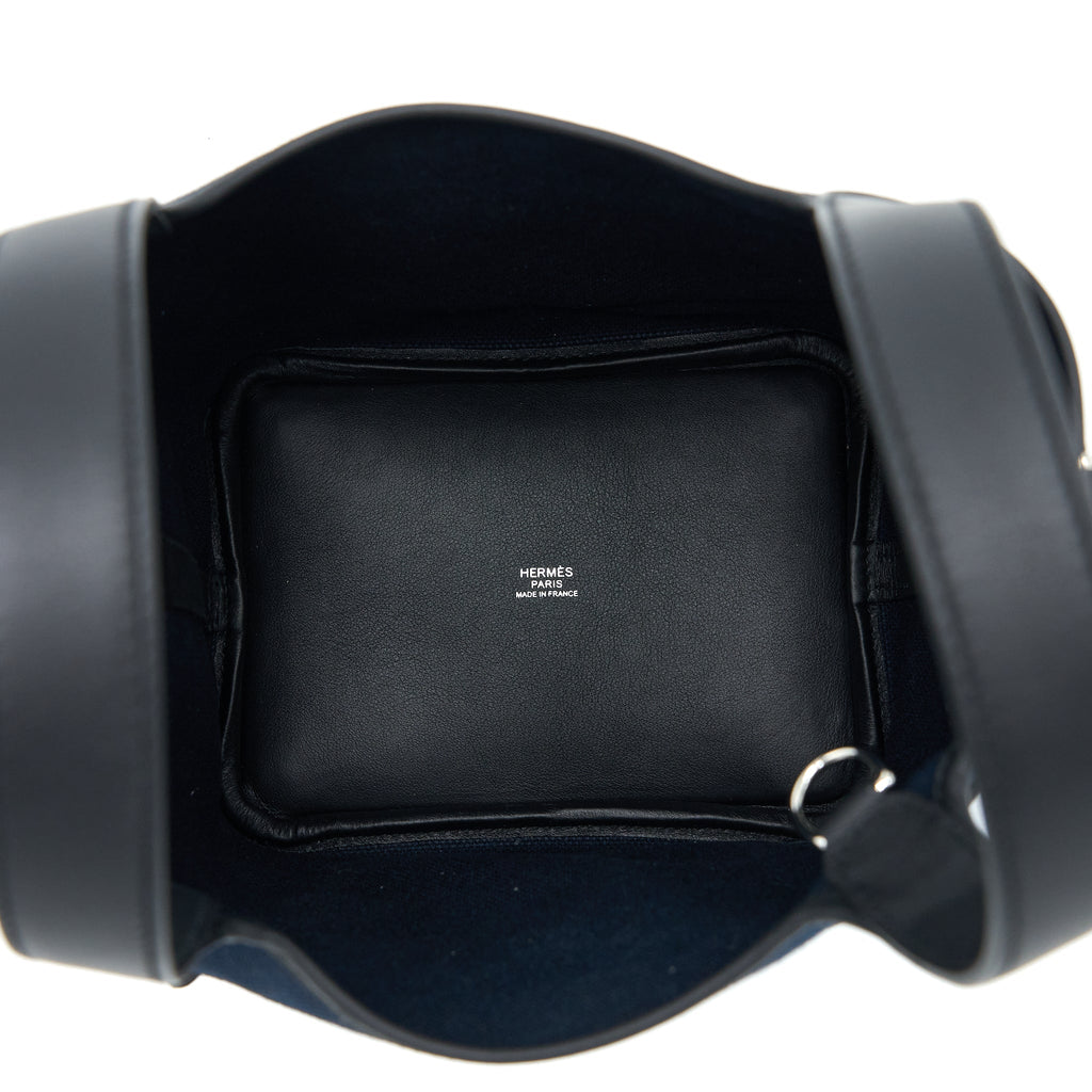HERMES PICOTIN CARGO 18 LOCK BAG SWIFT AND TOILE CANVAS BLUE MARINE /BLACK SHW