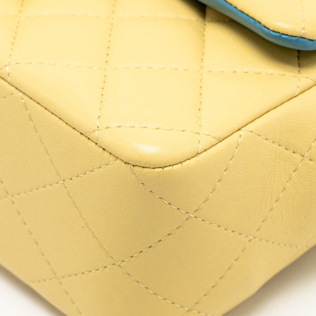 CHANEL MINI RECTANGULAR FLAP BAG LAMBSKIN YELLLOW/BLUE WITH IRIDESCENT BLUE HARDWARE