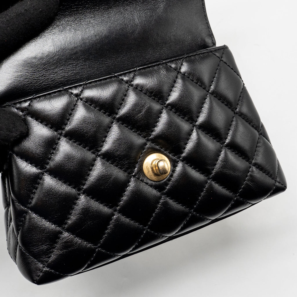 CHANEL DETAILED METAL TOP HANDLE MINI COCO HANDLE FLAP BAG SHINY CALFSKIN BLACK GHW (MICROCHIP)