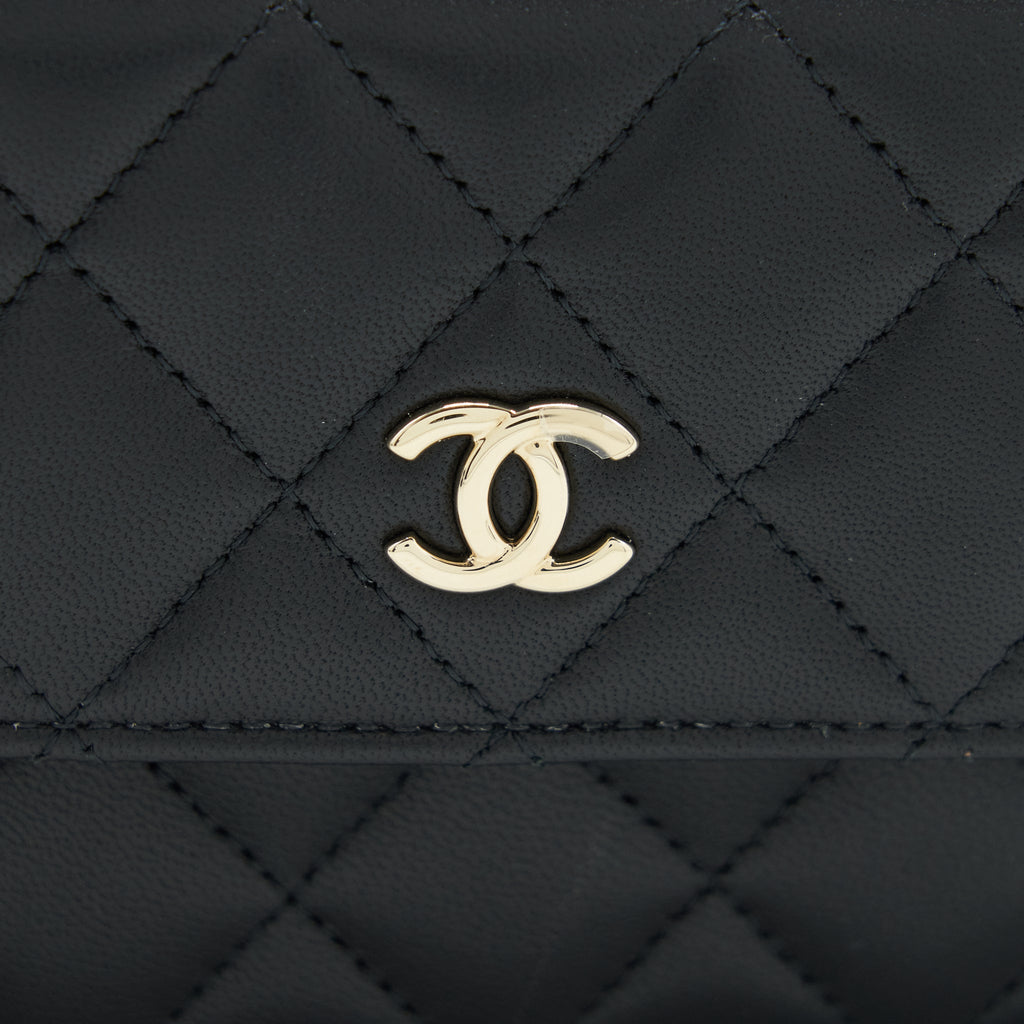 CHANEL MINI FLAP CARD HOLDER RIBBON CHAIN LAMBSKIN BLACK LGHW