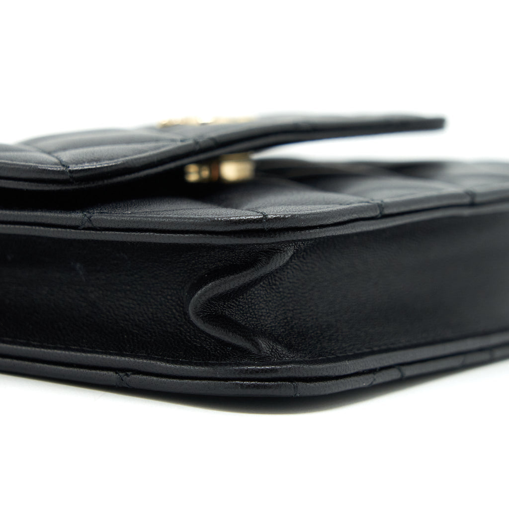 CHANEL MINI FLAP CARD HOLDER RIBBON CHAIN LAMBSKIN BLACK LGHW
