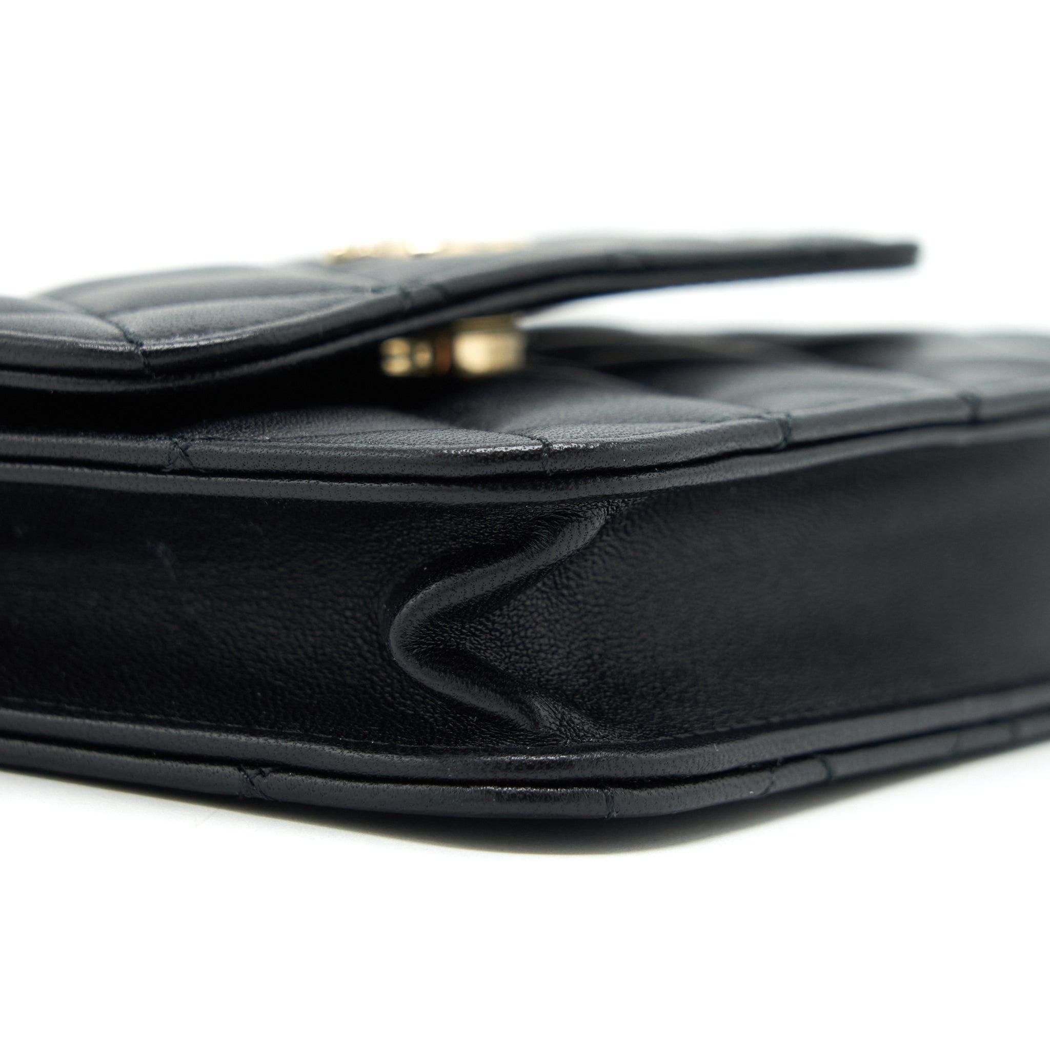 CHANEL MINI FLAP CARD HOLDER RIBBON CHAIN LAMBSKIN BLACK LGHW