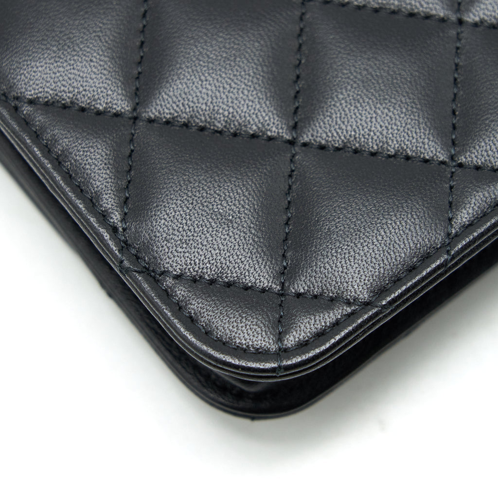 CHANEL MINI FLAP CARD HOLDER RIBBON CHAIN LAMBSKIN BLACK LGHW