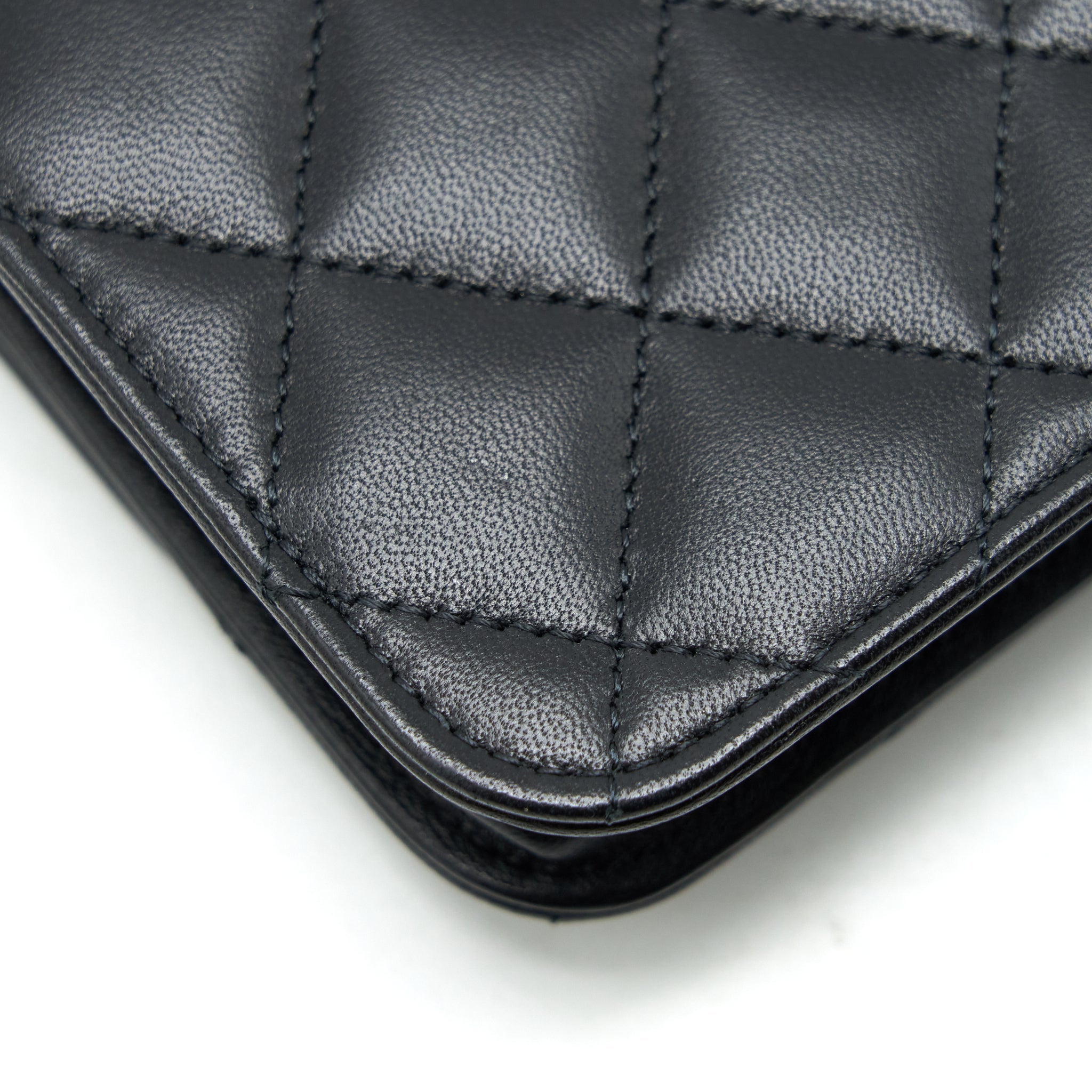 CHANEL MINI FLAP CARD HOLDER RIBBON CHAIN LAMBSKIN BLACK LGHW