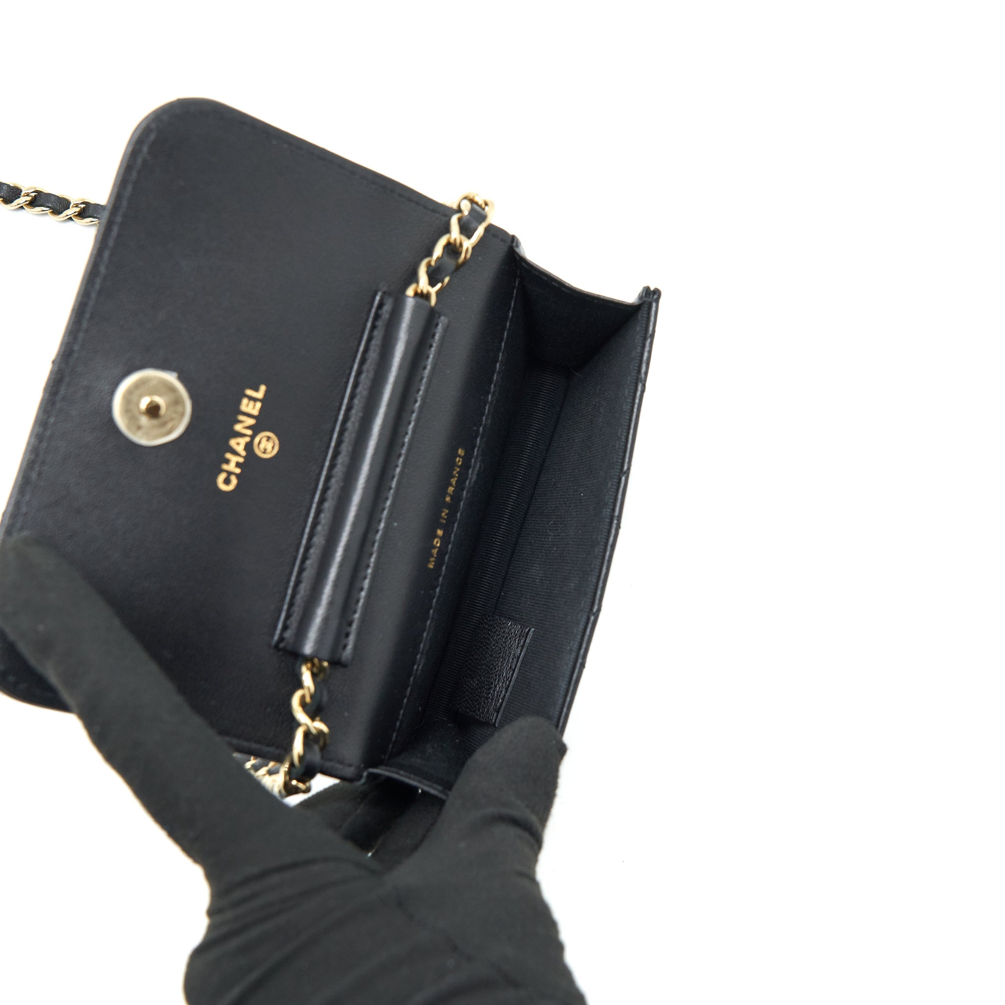CHANEL MINI FLAP CARD HOLDER RIBBON CHAIN LAMBSKIN BLACK LGHW