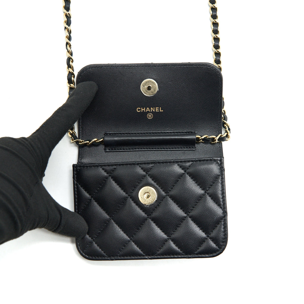 CHANEL MINI FLAP CARD HOLDER RIBBON CHAIN LAMBSKIN BLACK LGHW