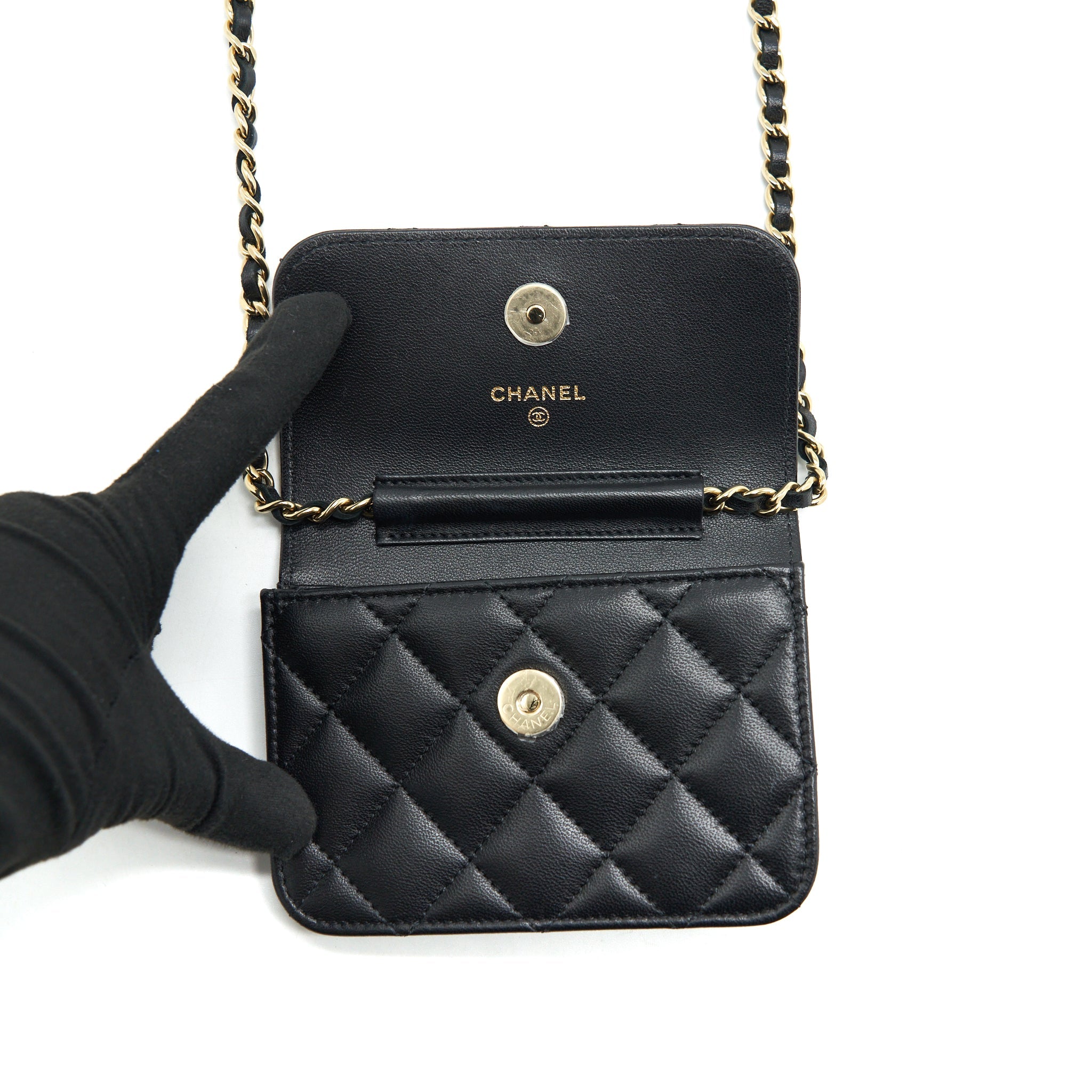 CHANEL MINI FLAP CARD HOLDER RIBBON CHAIN LAMBSKIN BLACK LGHW