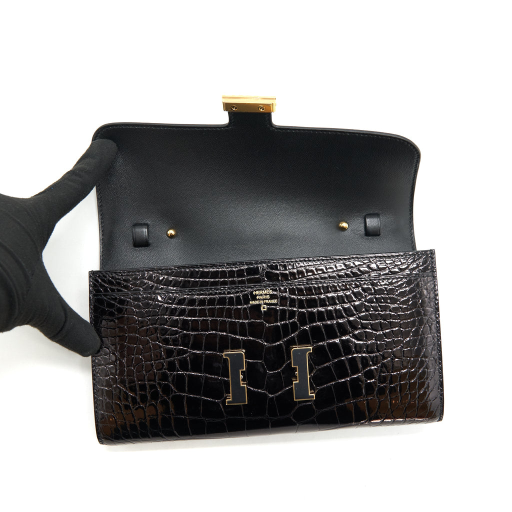 HERMES CONSTANCE TO GO ALLIGATOR MISSISSIPPIENSIS BLACK WITH BLACK HARDWARE