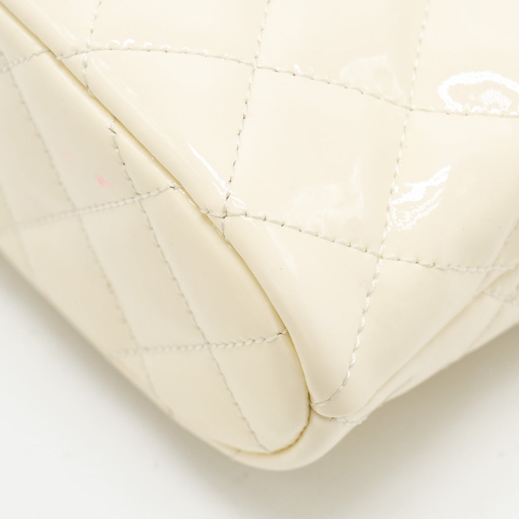 CHANEL SEASONAL SQUARE FLAP BAG WITH CHAIN PATENT WHITE LGHW (MICROCHIP)