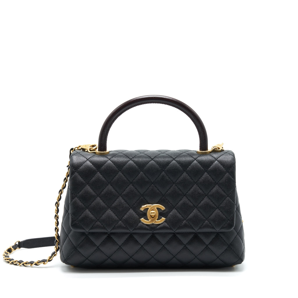 CHANEL MEDIUM COCO HANDLE WITH LIZARD EMBOSSED HANDLE CAVIAR BLACK GHW