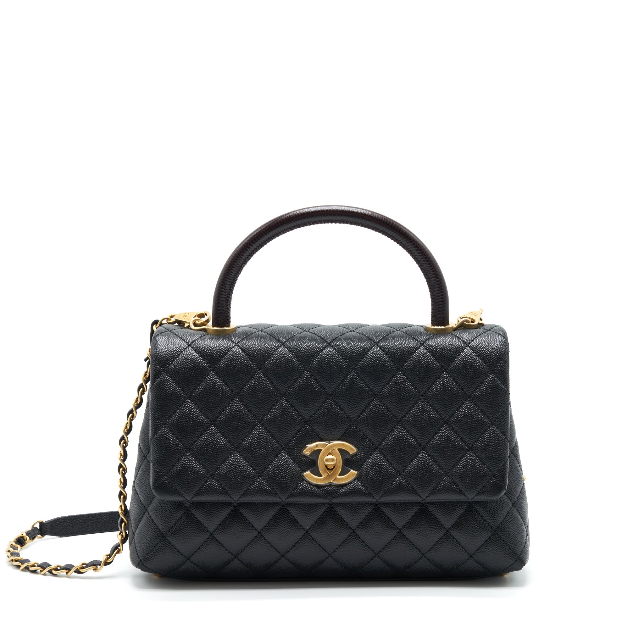 CHANEL MEDIUM COCO HANDLE WITH LIZARD EMBOSSED HANDLE CAVIAR BLACK GHW