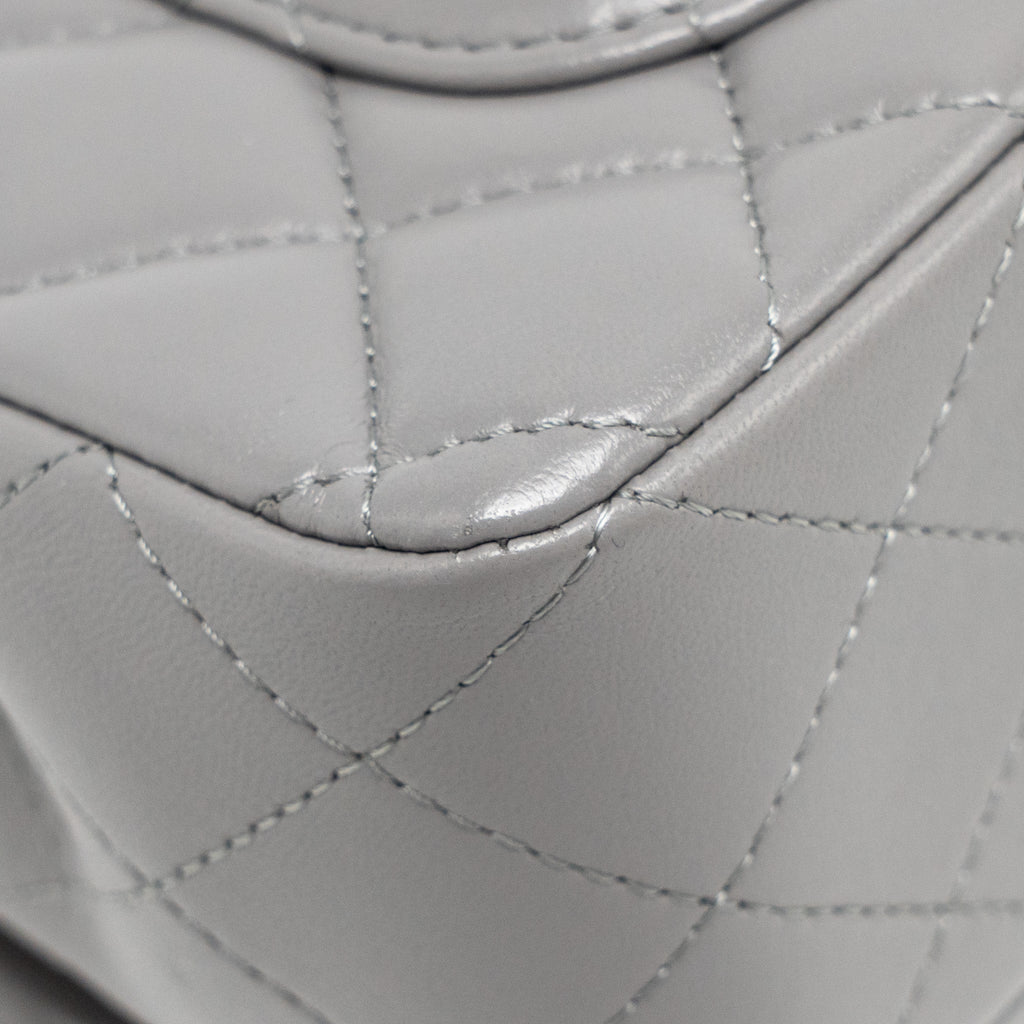 CHANEL 22K METAL TOP HANDLE MINI RECTANGULAR FLAP BAG LAMBSKIN GREY GHW (MICROCHIP)