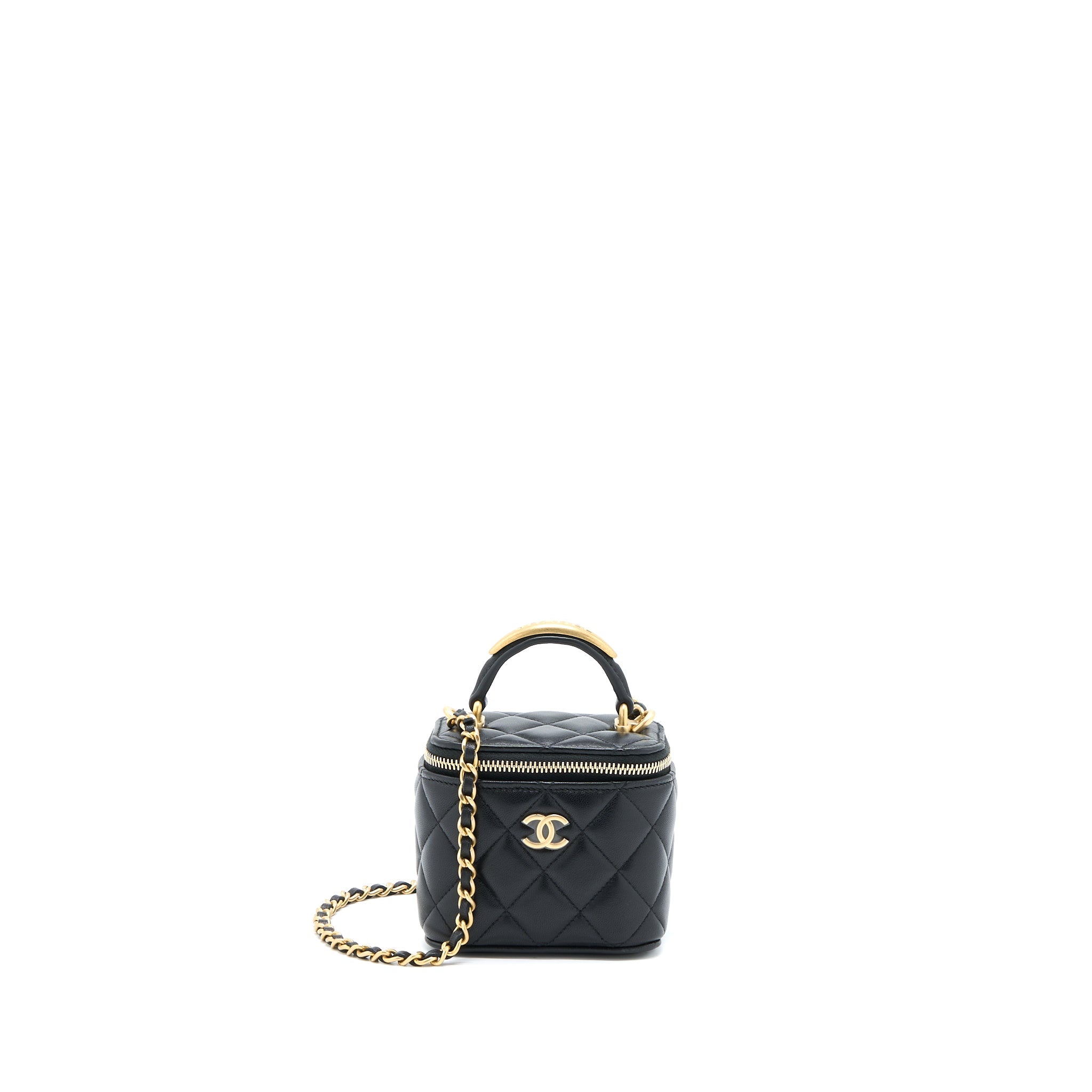 CHANEL 22B DETAILED TOP HANDLE MINI VANITY WITH CHAIN LAMBSKIN BLACK BRUSHED GHW