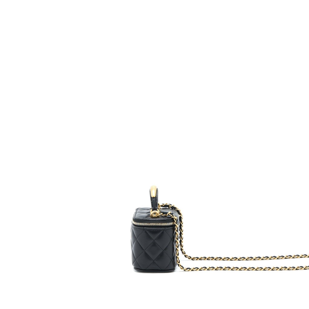 CHANEL 22B DETAILED TOP HANDLE MINI VANITY WITH CHAIN LAMBSKIN BLACK BRUSHED GHW