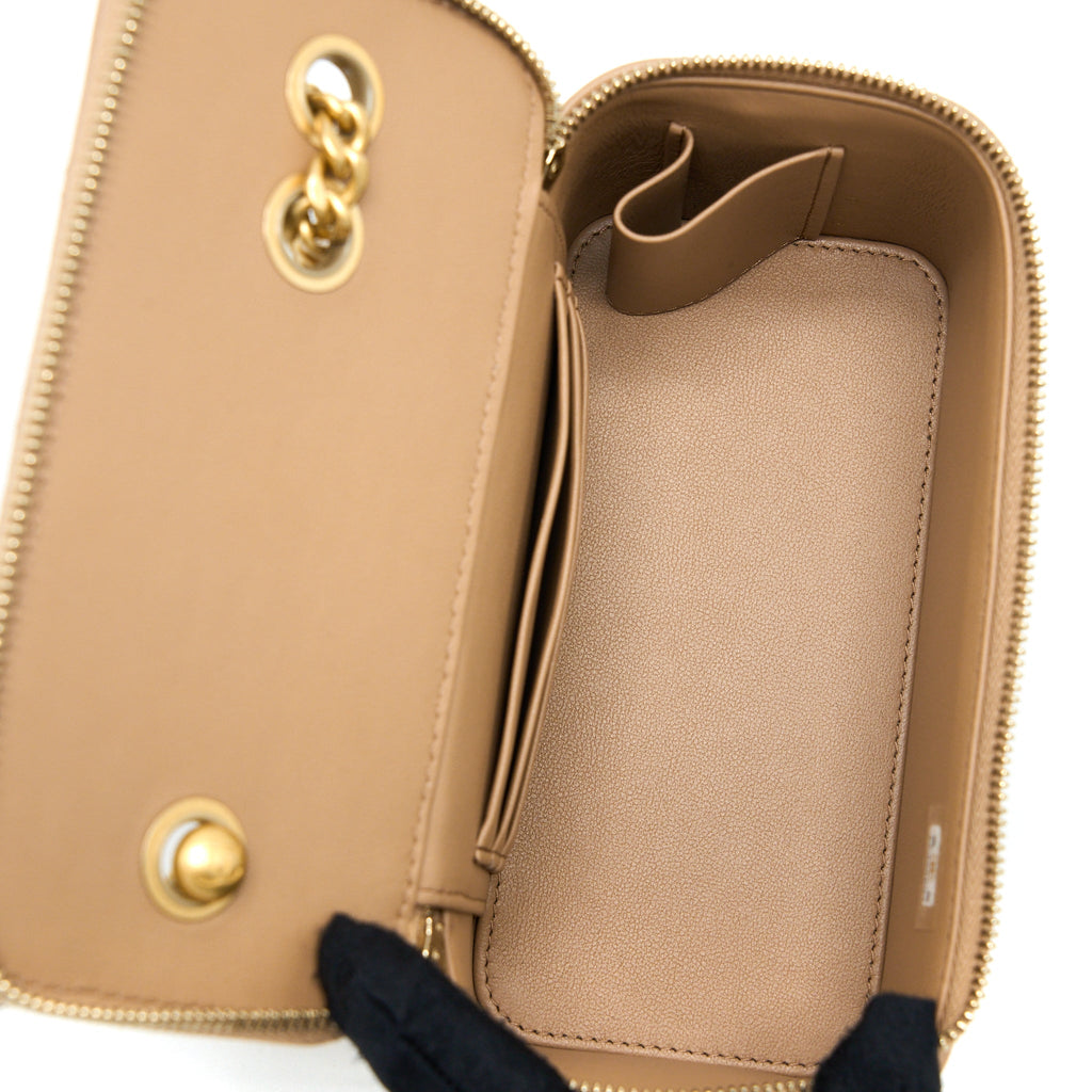 CHANEL 22K GOLD PILLAR ADJUSTABLE CHAIN LONG VANITY LAMBSKIN BEIGE BRUSHED GHW (MICROCHIP)
