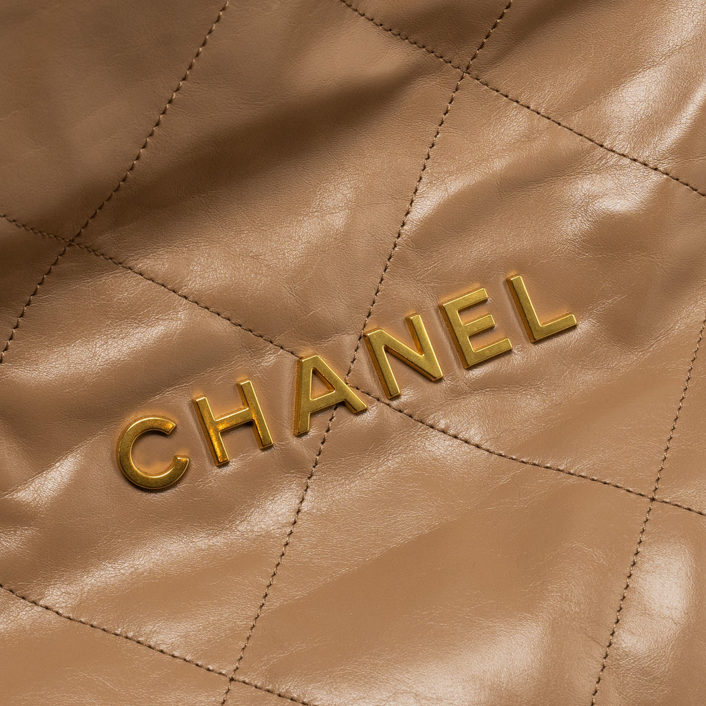 CHANEL SMALL 22 BAG SHINY CALFSKIN DARK BEIGE GHW (MICROCHIP)