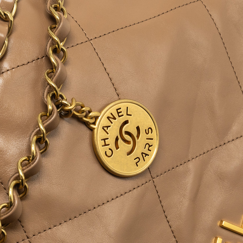 CHANEL SMALL 22 BAG SHINY CALFSKIN DARK BEIGE GHW (MICROCHIP)